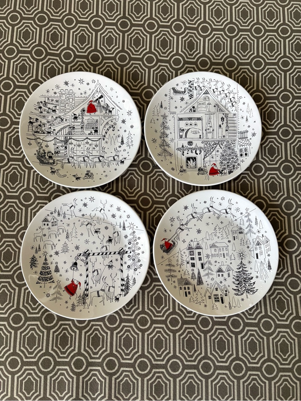 Hallmark White and Red Holiday Village Dessert Appetizer 7.65” Plates Set of 4